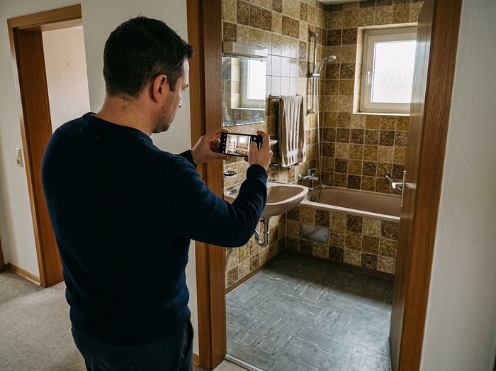 Eigentümer fotografiert mit dem Smartphone ein altes gefliestes Bad