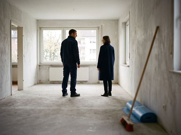 Mitarbeiter und Eigentümerin stehen im entkernten, gefegten Raum bei der Übergabe