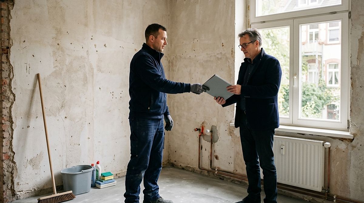 Mitarbeiter übergibt dem Eigentümer im entkernten, gefegten Raum die Mappe mit den Nachweisen