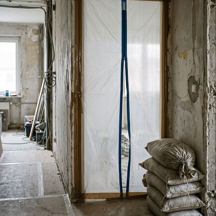 Staubschutzwand mit Folientür und verpackte Säcke vor einem Asbestbereich