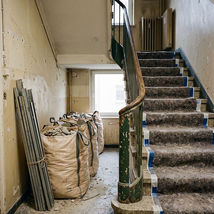 Big Bags mit sortiertem Bauschutt im Treppenhaus eines Altbaus