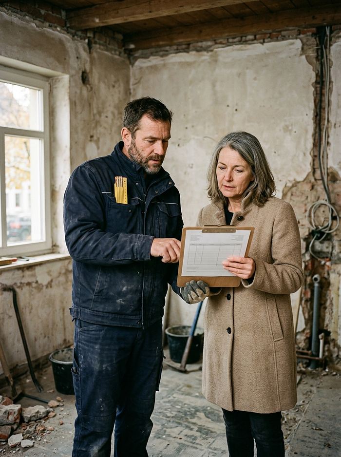 Mitarbeiter zeigt einer Eigentümerin das Festpreis-Angebot auf dem Klemmbrett