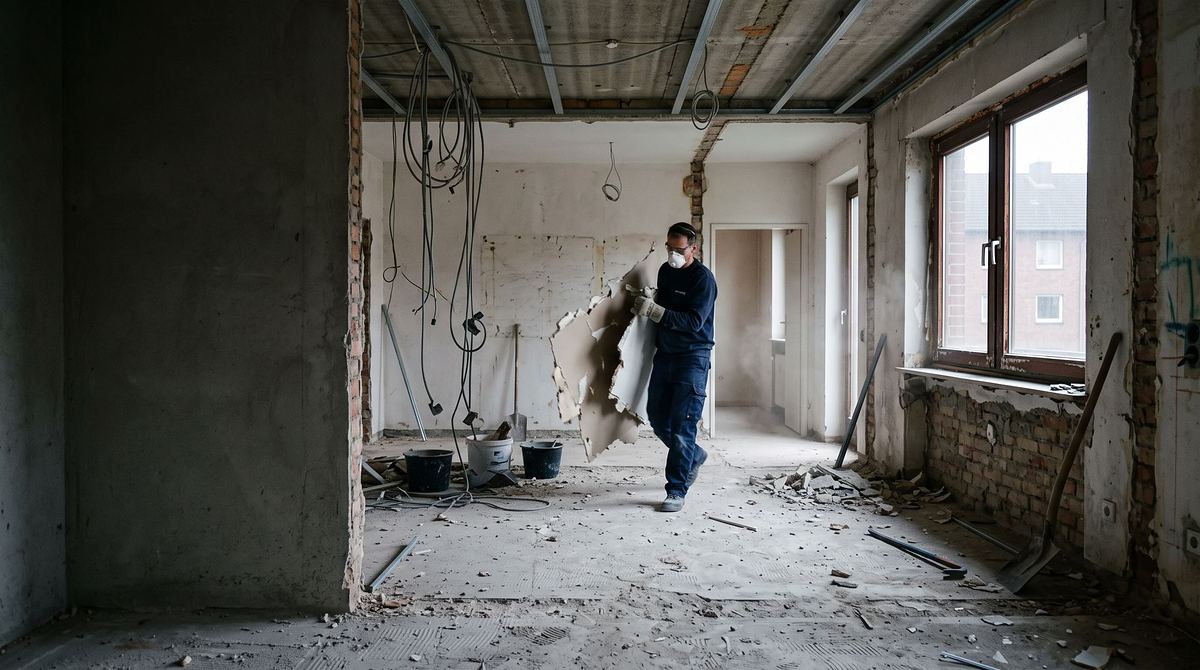 Mitarbeiter geht mit Werkzeug durch eine entkernte Wohnung, die Wände stehen, die Böden sind raus