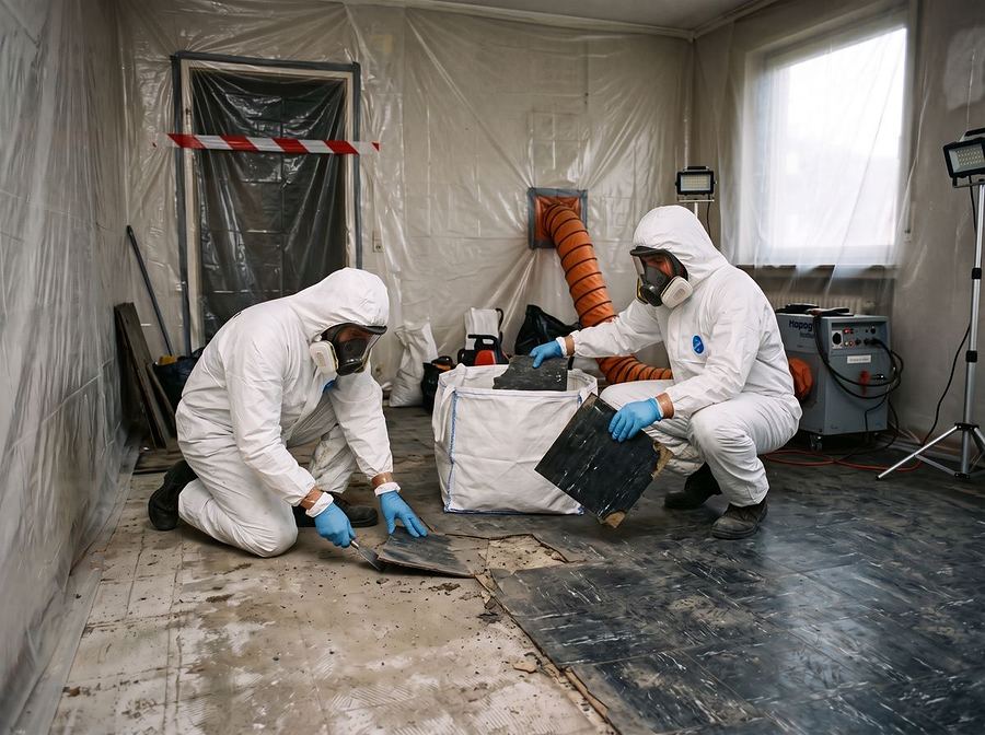 Zwei Mitarbeiter in Schutzanzügen verpacken asbesthaltige Bodenplatten in einem abgeschotteten Raum