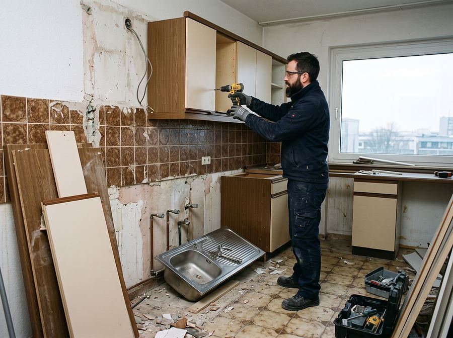 Mitarbeiter demontiert die Hängeschränke einer alten Einbauküche