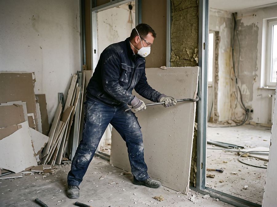 Mitarbeiter hebelt bei der Entkernung eine Trockenbauwand aus einer Wohnung in Oldenburg