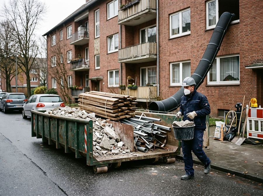 Absetzcontainer mit sortiertem Bauschutt vor einem Backsteinhaus in Oldenburg