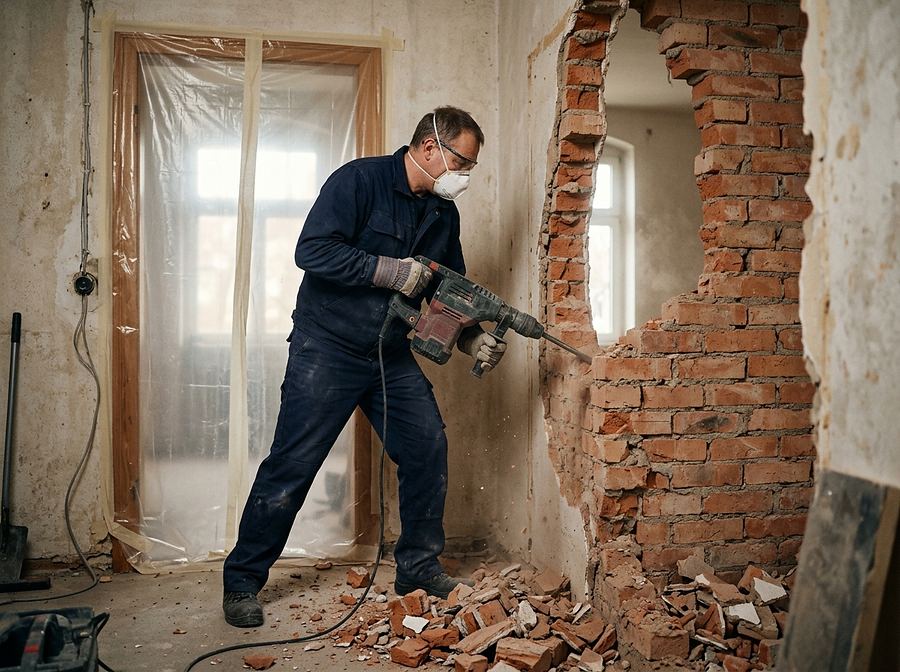 Mitarbeiter mit Atemschutz bricht mit dem Abbruchhammer eine nicht tragende Ziegelwand ab