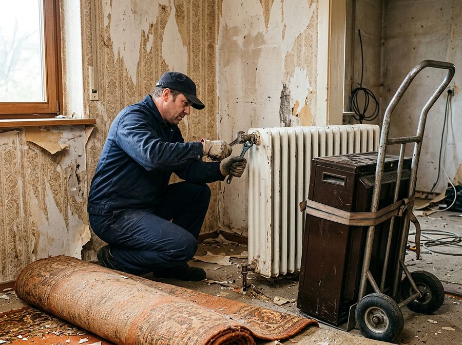 Mitarbeiter schraubt einen alten Heizkörper ab, daneben steht ein Nachtspeicherofen auf der Sackkarre