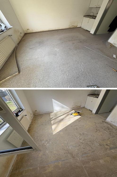 Zimmer mit freigelegtem Estrich nach dem Ausbau des Bodenbelags